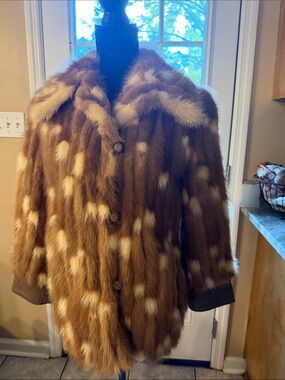 Classic Brown and Cream  Fur Coat - Women's Button-Front Jacket